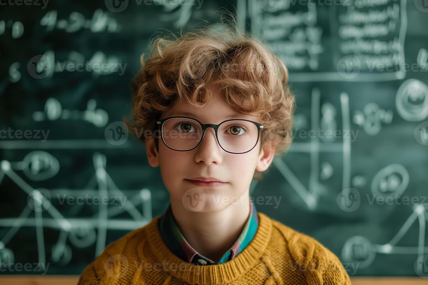 a boy wearing glasses and a sweater in front of a blackboard photo