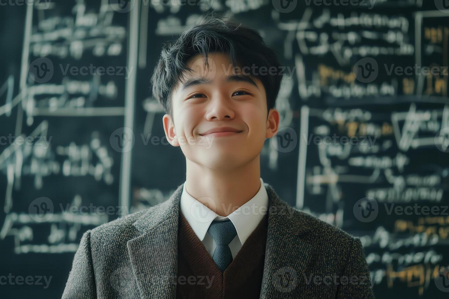 young man in suit and tie standing in front of blackboard photo