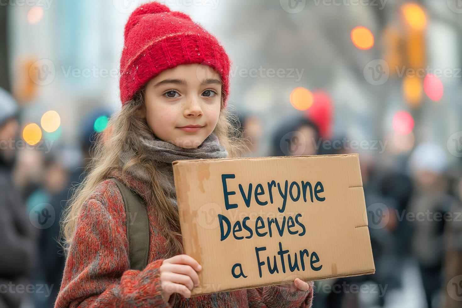 young girl holding a sign that says everyone deserves a future photo