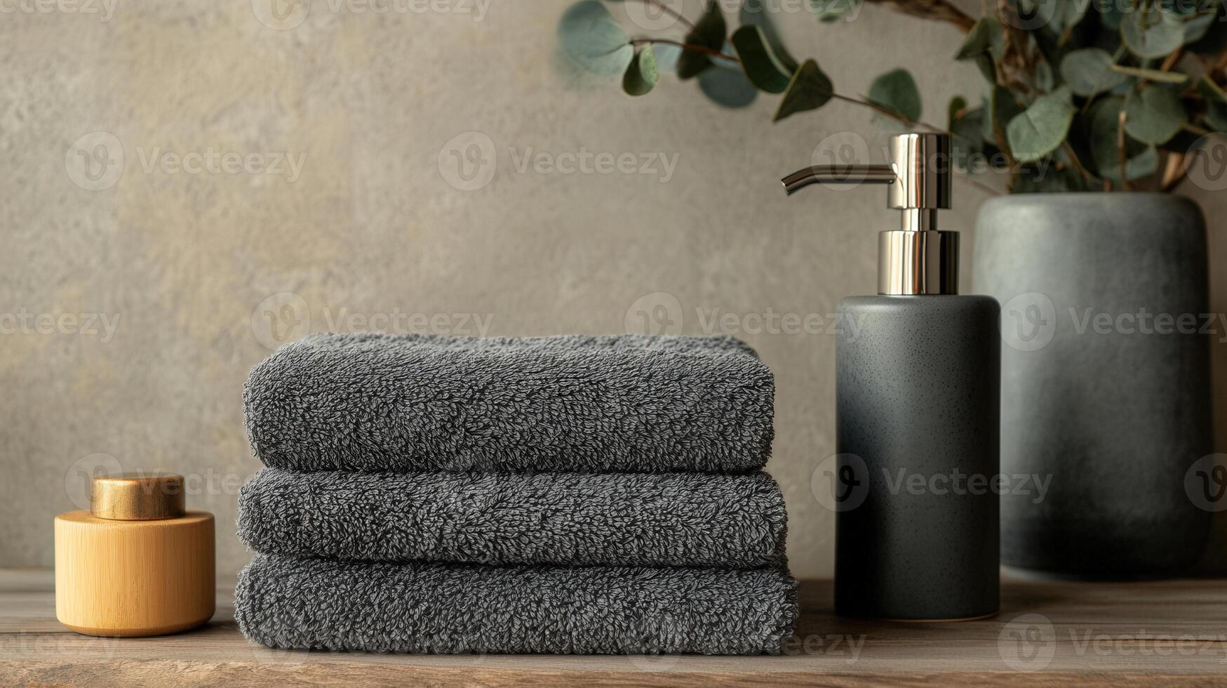 a stack of towels and a soap dispenser photo