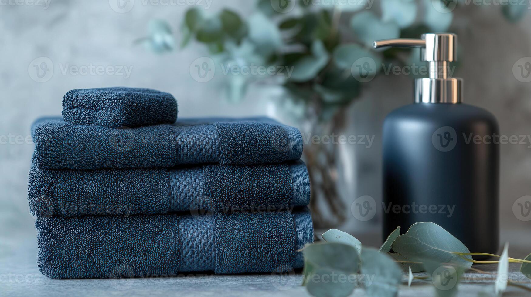 a stack of towels and a bottle of soap and eucalyptus photo
