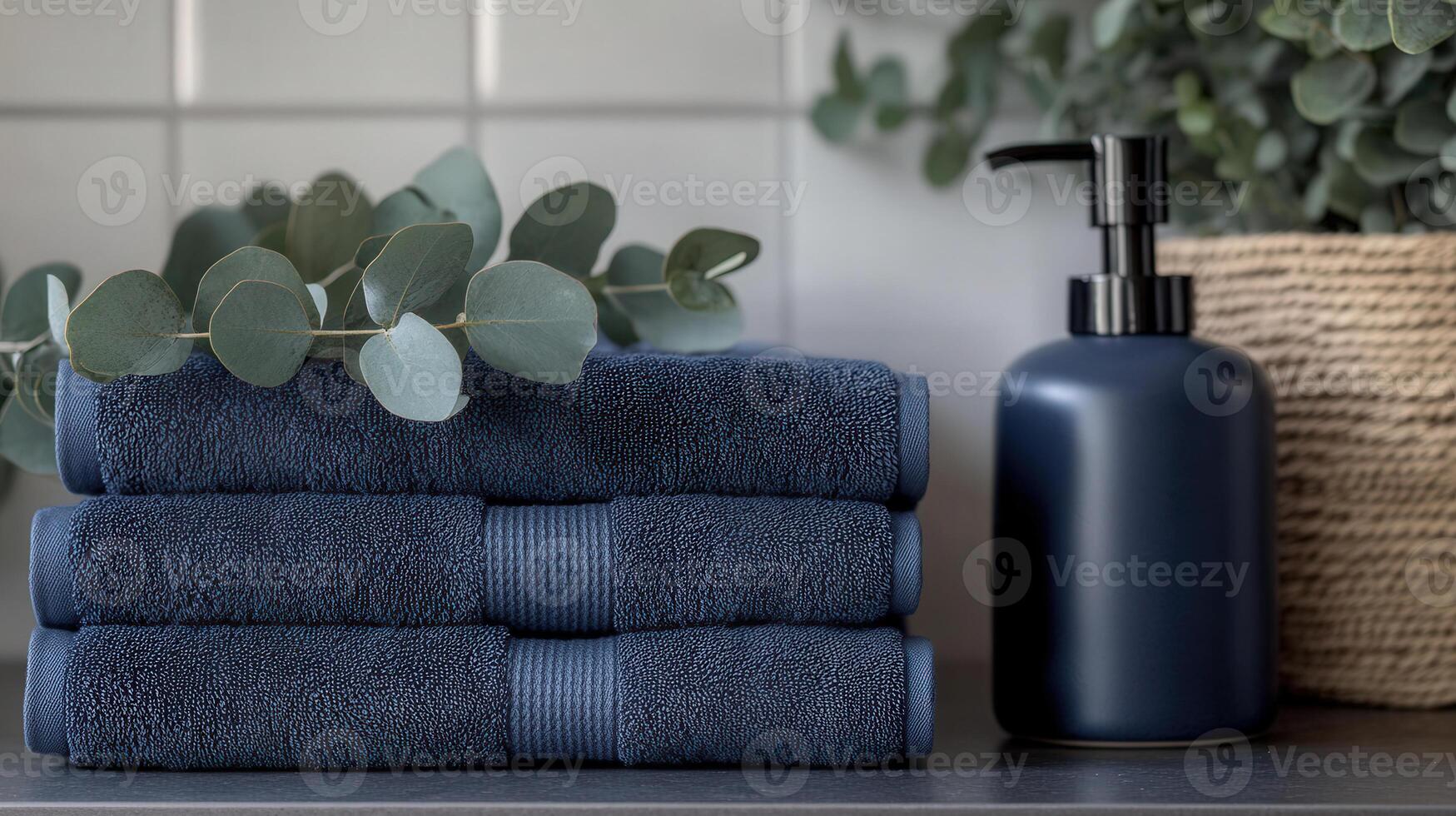a stack of blue towels and a bottle of hand soap photo