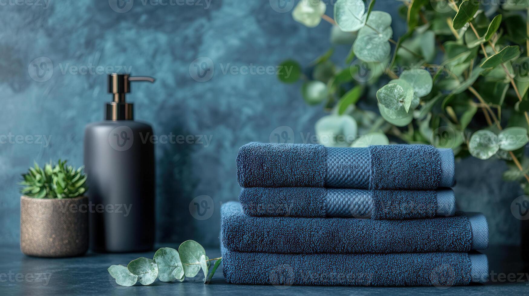 a stack of towels and a bottle of soap photo