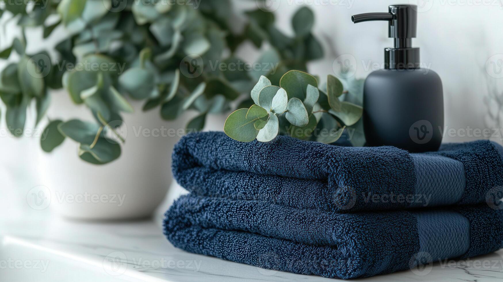a stack of towels with a bottle of soap photo