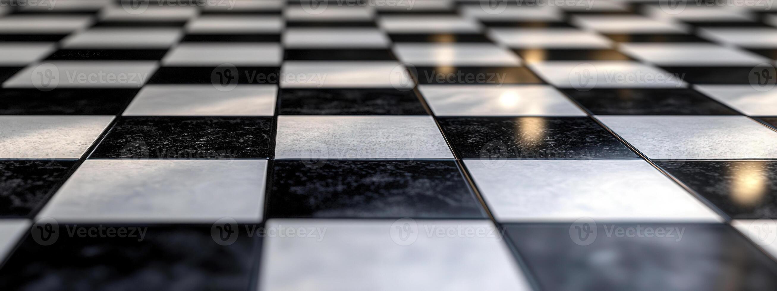 black and white checkered floor with a light shining on it photo