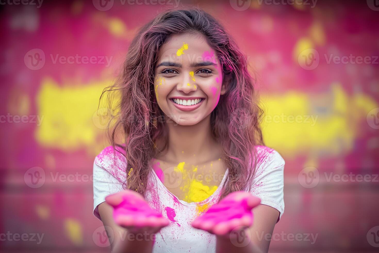 a woman with pink holi powder on her hands photo