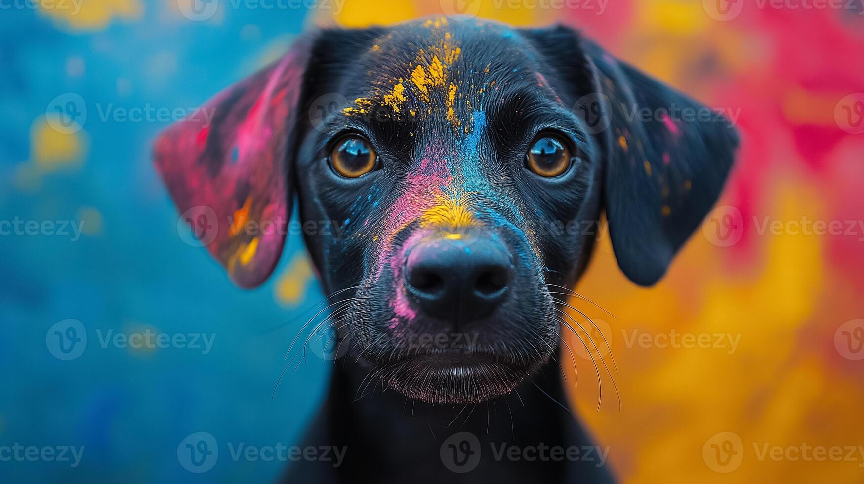 a black dog with colorful paint on its face photo