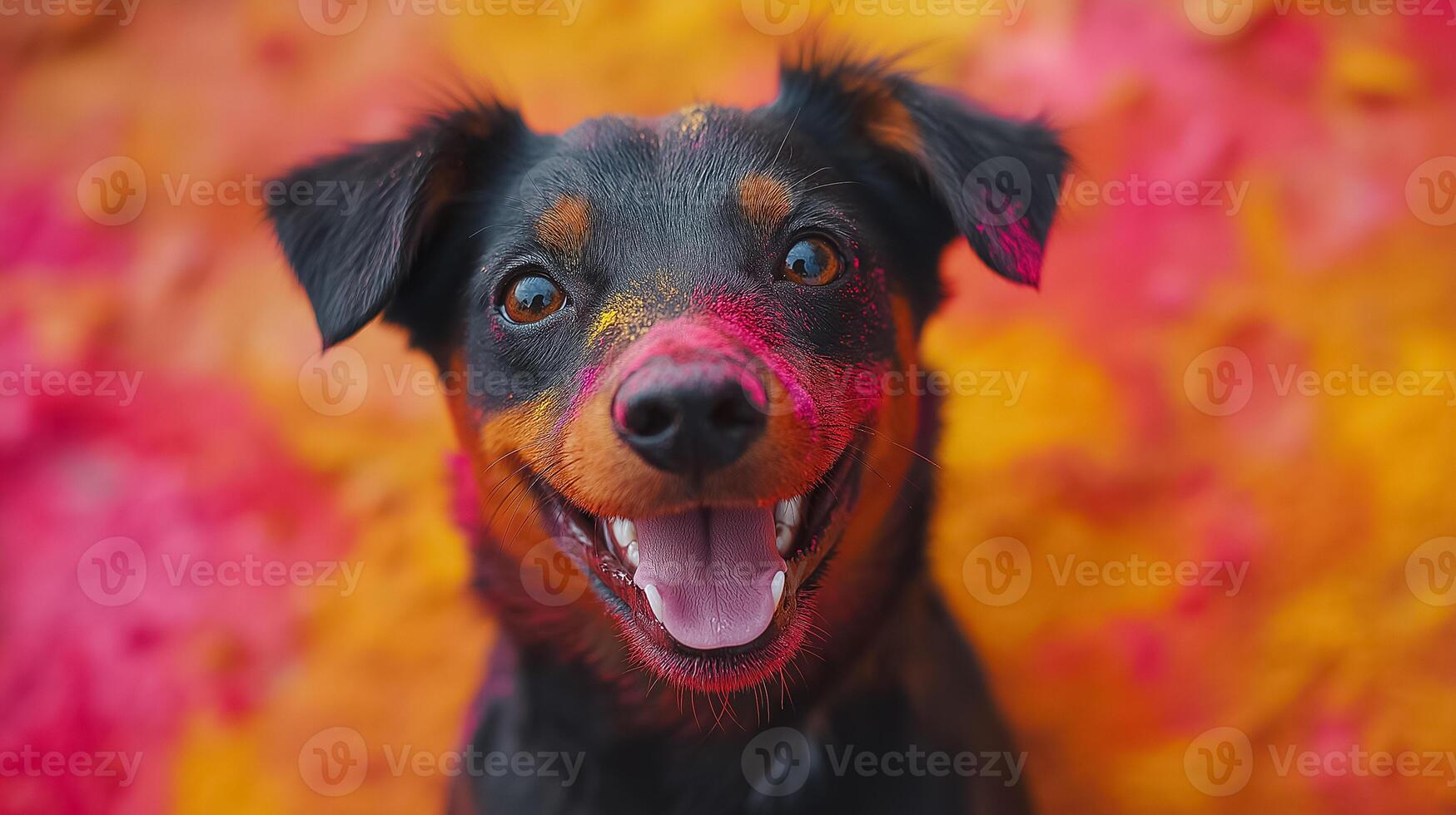 a dog with its tongue out and colored paint on its face photo