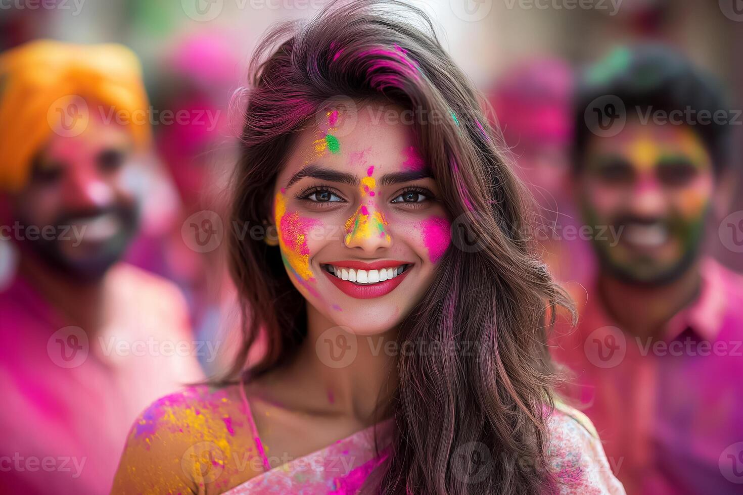 a woman with colorful paint on her face and a group of people photo