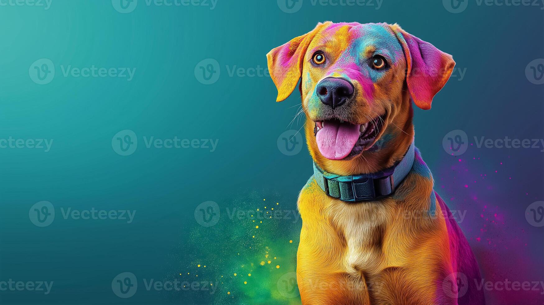 Golden retriever with colorful holi powder on his face on a color background photo