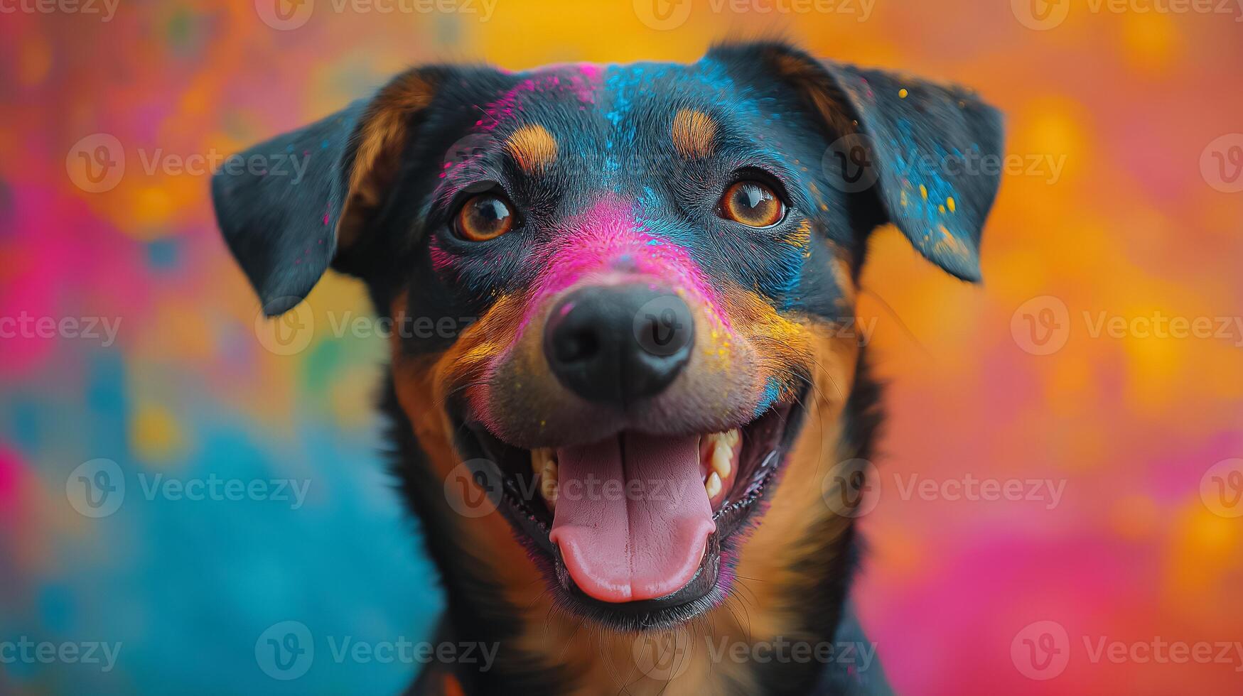 a dog with colored paint on its face photo