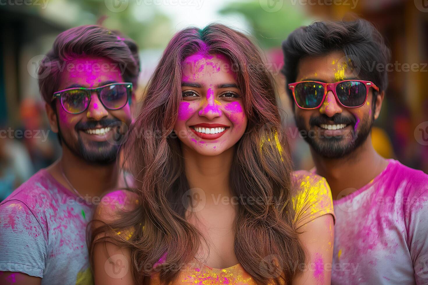 people on the street in India in colored powder rejoice in Holi celebration photo