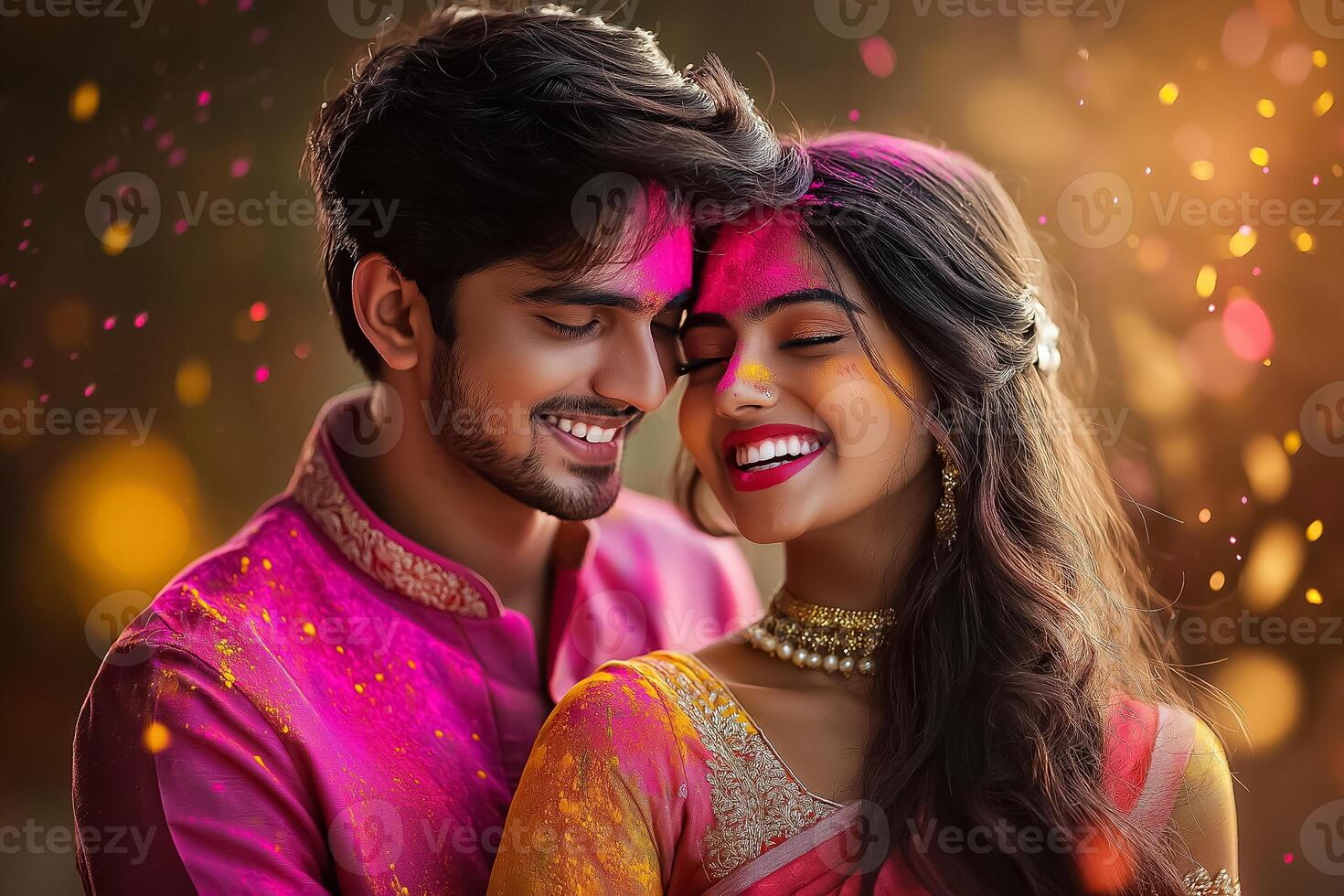 Romantic illustration of a indian couple covered in colorful powders, sharing a joyful smile photo