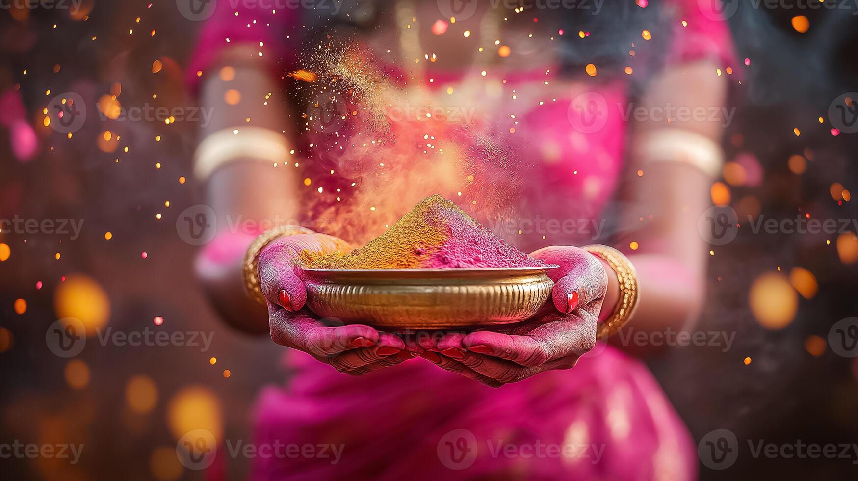 woman holding a bowl of holi powder photo
