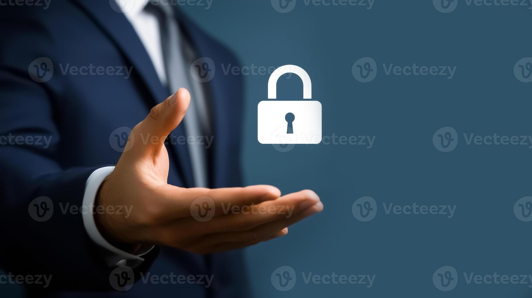 open palm of a businessman with a white padlock above it, sign of personal data protection photo
