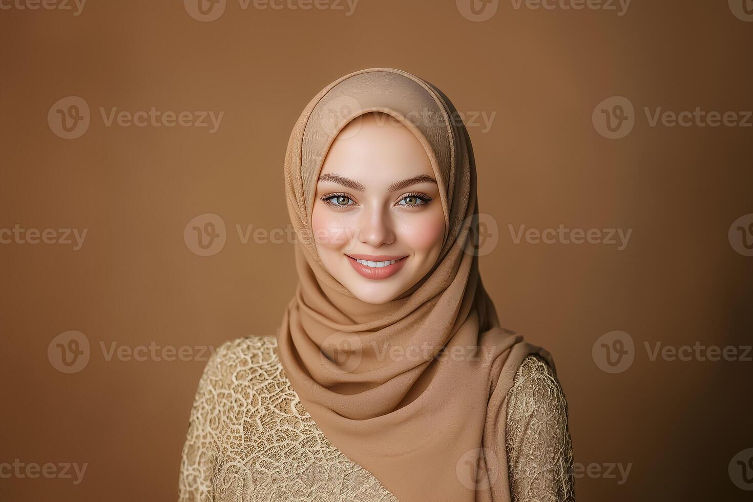 beautiful young woman wearing hijab on brown background photo