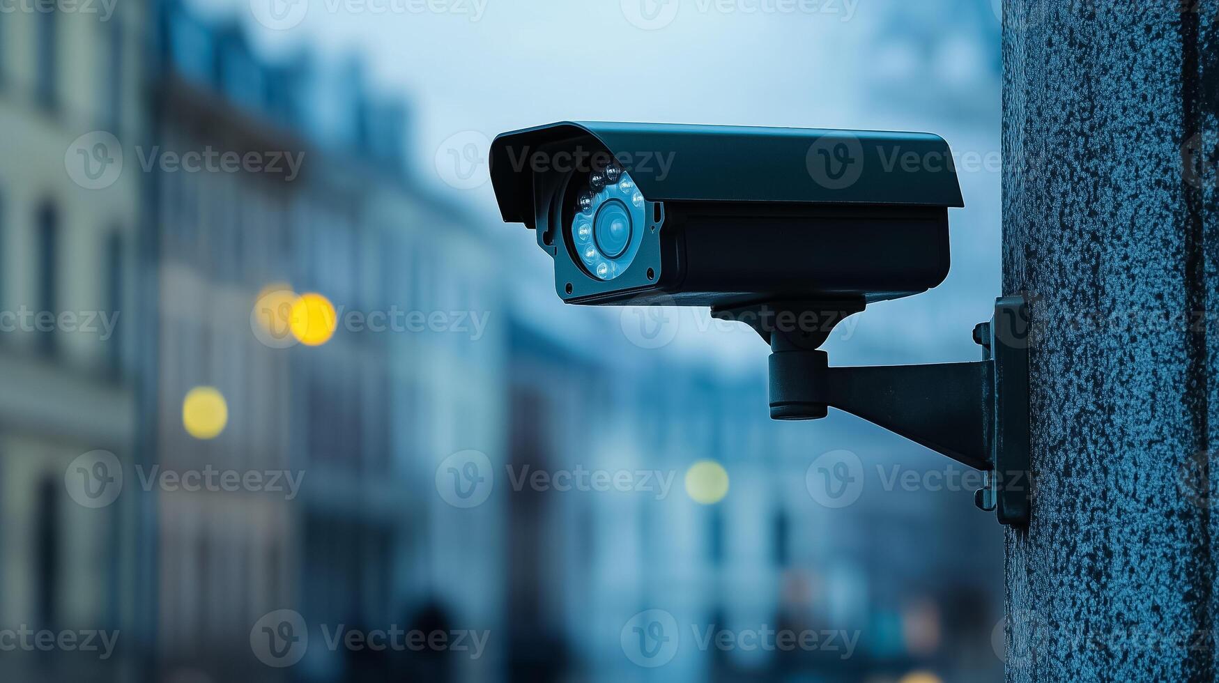 a security camera is mounted on a pole in front of a building photo