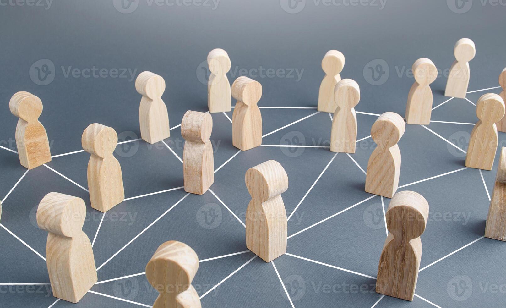 People connected people by lines. Society concept. Social science relationships. Cooperation and collaboration, news gossip spread. Teamwork. Marketing, dissemination of trends and information photo