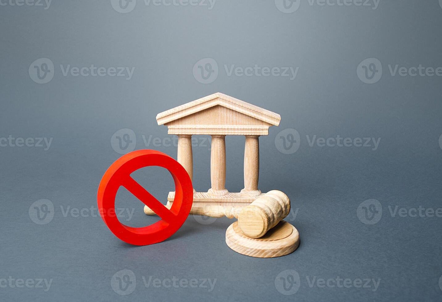 Courthouse and red prohibition sign NO. Quarantine restrictive measures. Partial restriction of the rights and freedoms of citizens. Ban on work of non-essential business and public facilitates. photo