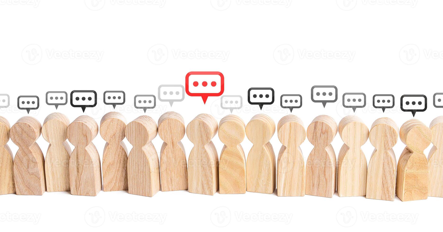 People figures with comment clouds above their heads. Communication in civil society. Cooperation and Collaboration. Commenting on feedback, participation in discussion. Brainstorming, fresh new ideas photo