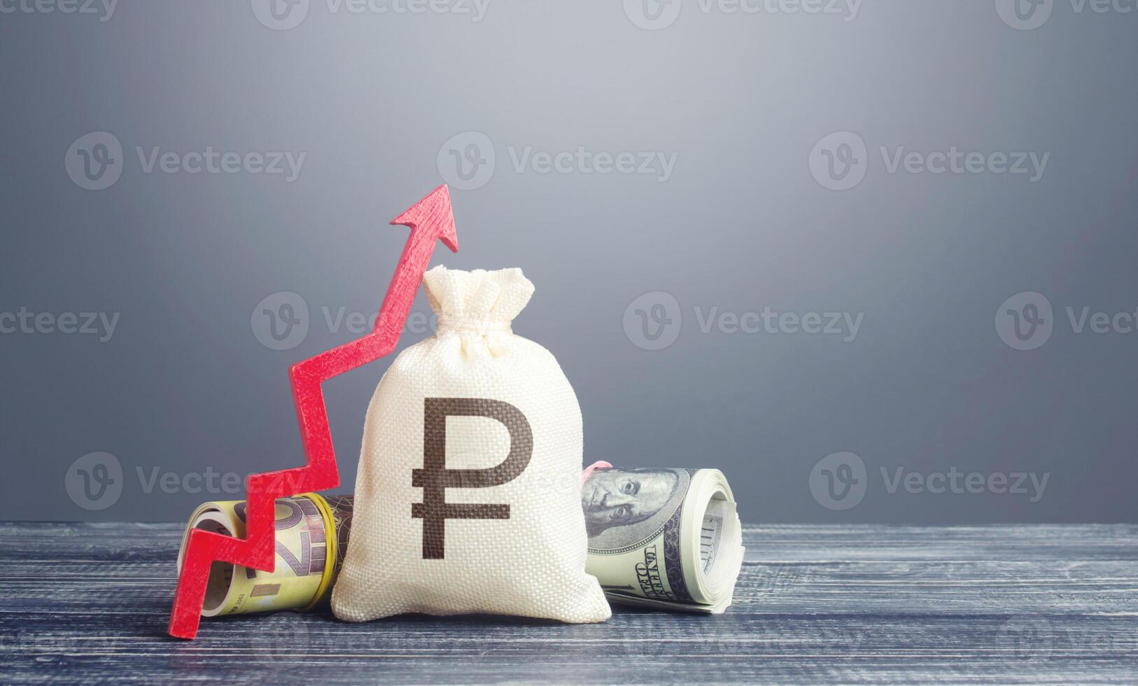 Russian ruble money bag and red arrow up. Influx of investment and capital, increase of wealth. Economic recovery, optimistic forecast of economic rise. Market stability. Rising inflation. photo