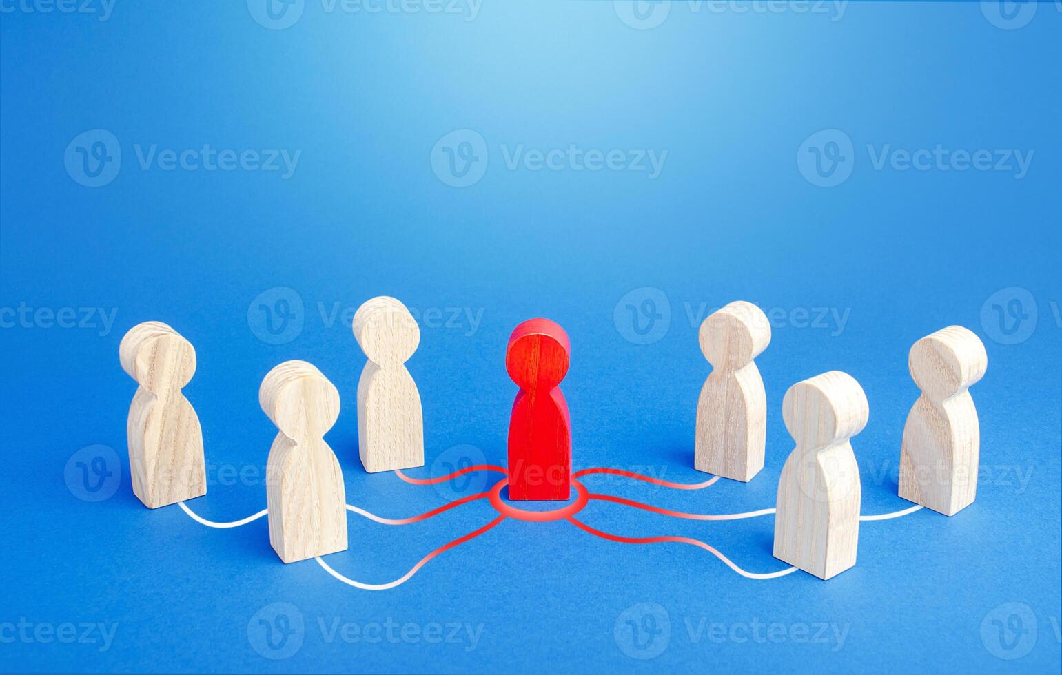 Red person spreads his influence to other people. The process of chain infection. Leader and leadership. Dissemination of information and rumors. Recruiting new followers around the idea. photo