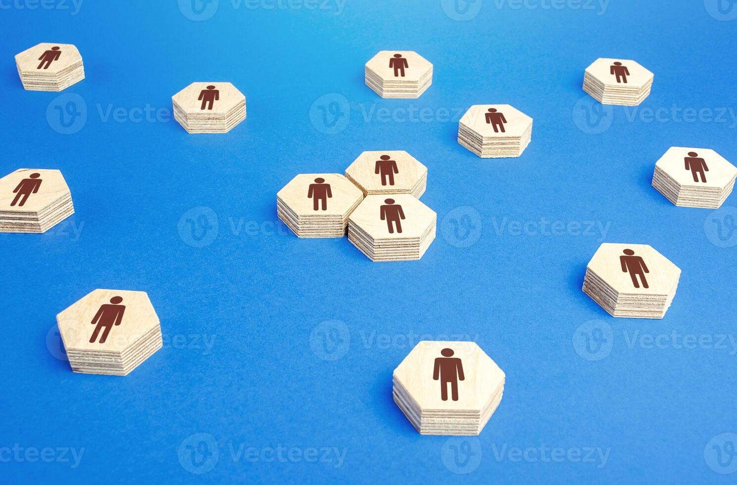 Hexagon with people gather in a group team. Merging into more. Cooperation, collaboration, teamwork. Strength in unity. Joining forces around idea new project. Team building. Achieving goal together photo