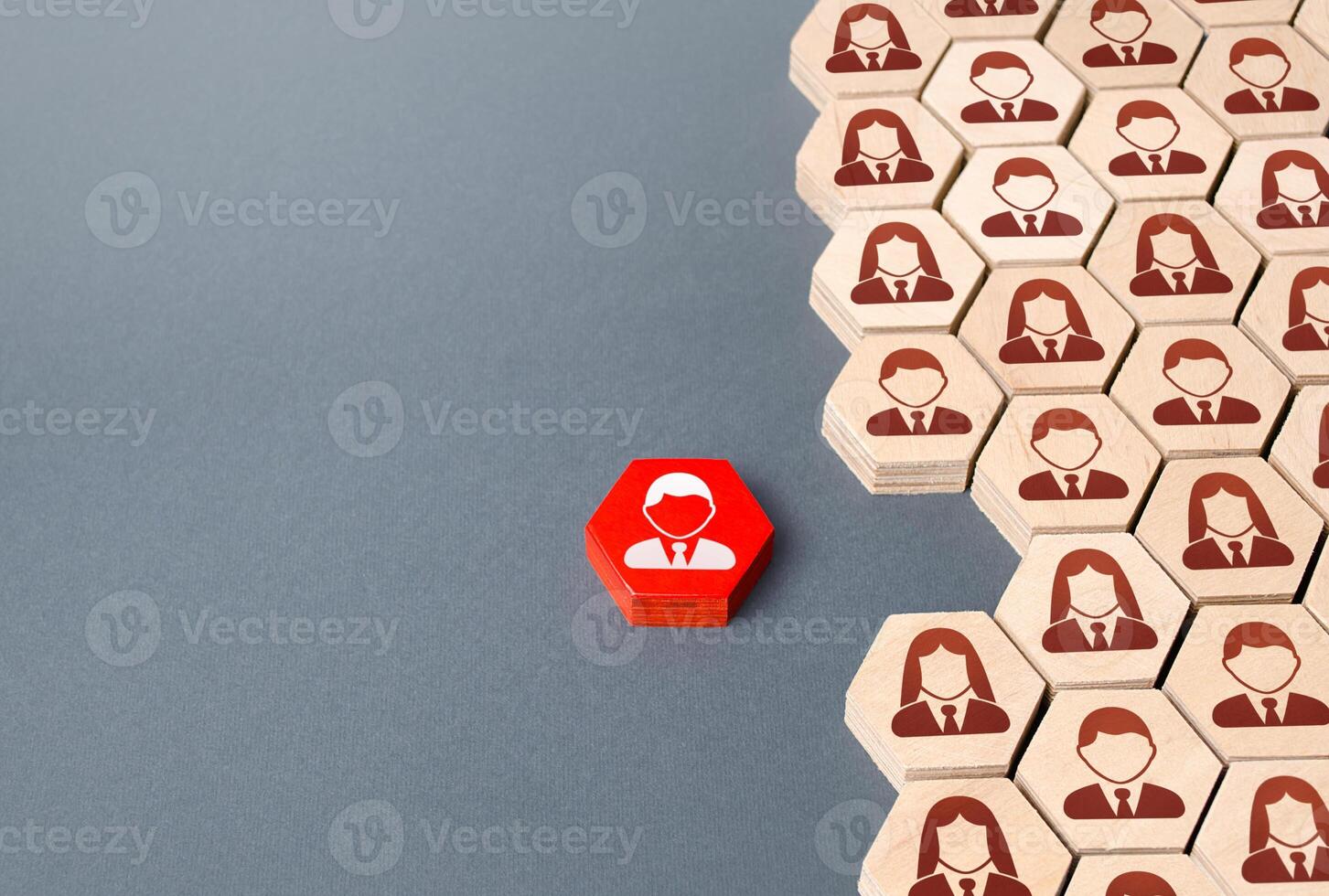 Red person is outside of order system. Refusal to participate, withdrawal in protest. Exit project, dismissal from work. Cooperation and collaboration, teamwork. Strength in unity. Candidate selection photo