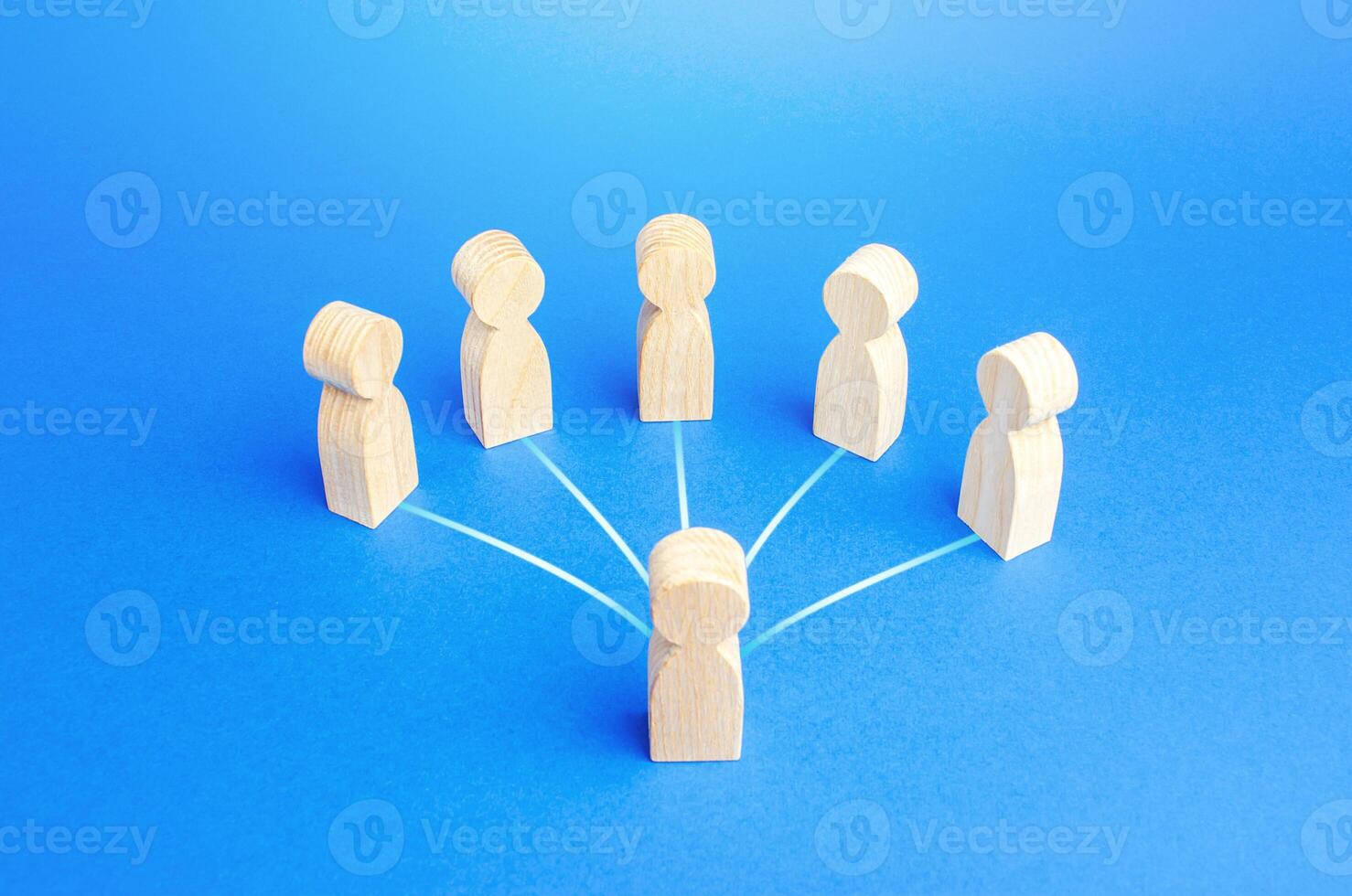 Leader person is connected by lines with employees. Teamwork, command and assignment of tasks. Authoritative influence. Leadership qualities, followers. Cooperation collaboration. Business management photo
