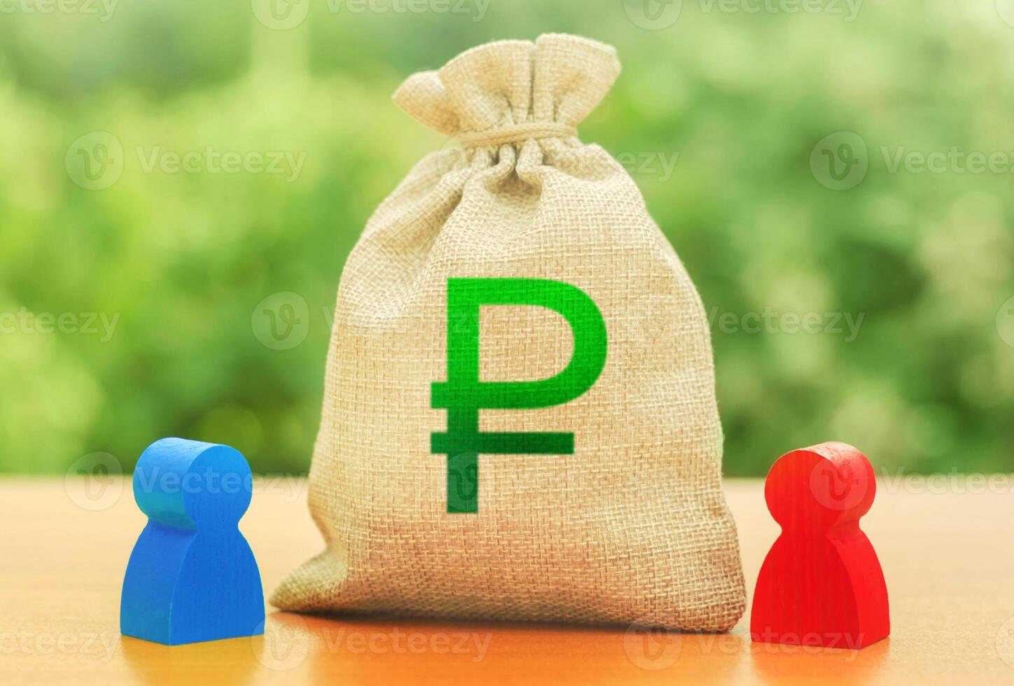Russian ruble money bag and two businessmen. Business investment, lending, leasing. Business relationship. Trade agreement deal. Negotiation process. Dispute solution between . Division of property. photo