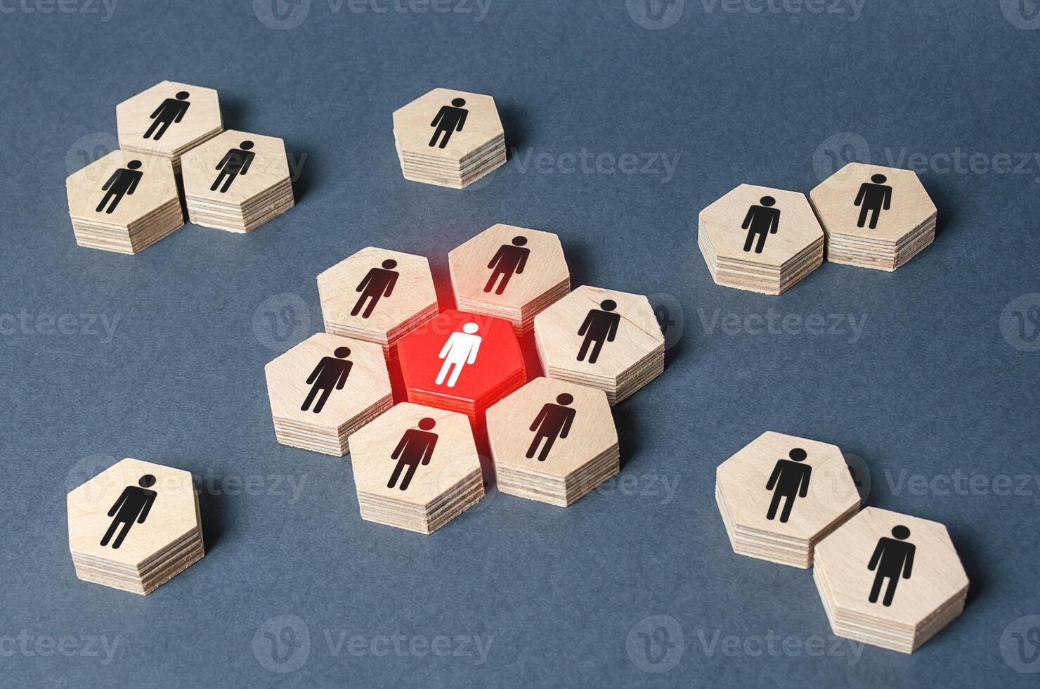 Leader unites people around him. Collaboration and cooperation, team building. Company staff management. Consolidation with the majority. Recruitment for work. Joining around idea. Leadership skills. photo