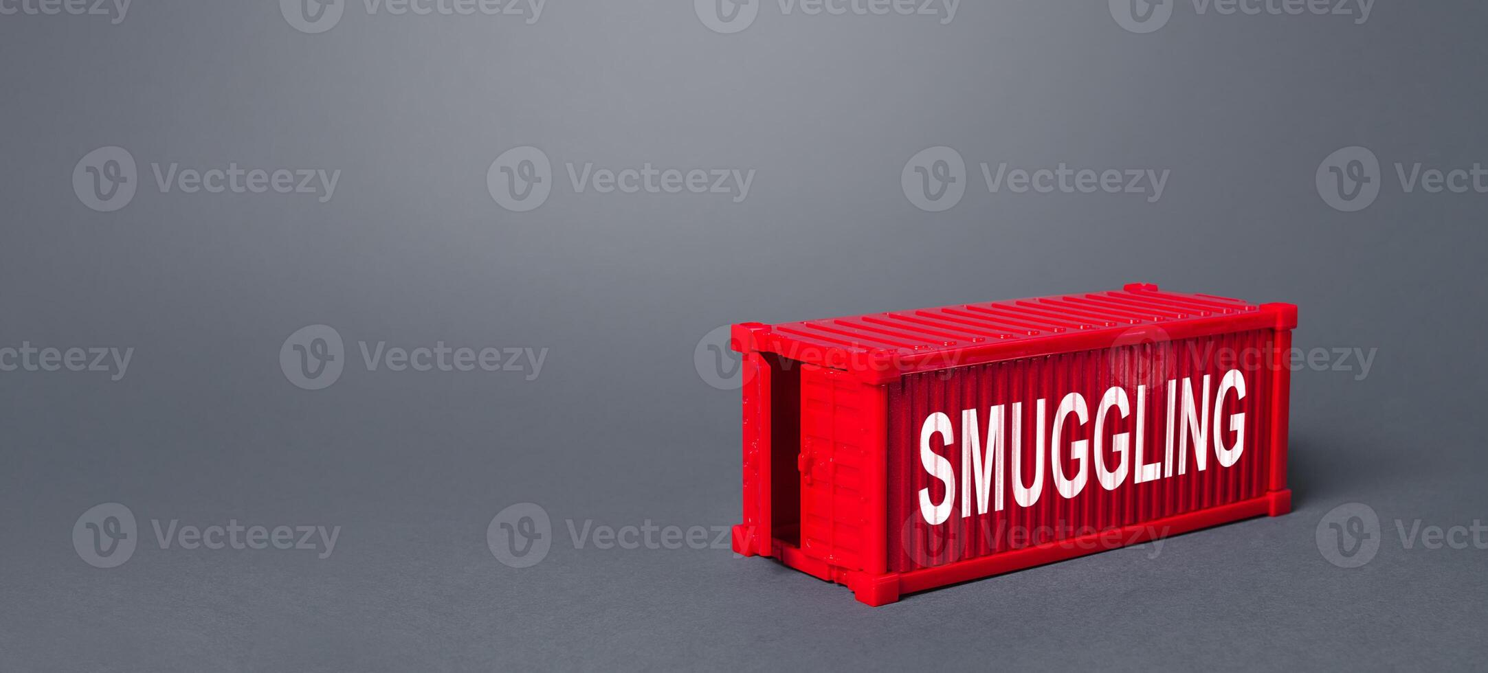 Red cargo shipping container with the word Smuggling. Traffic of prohibited goods and substances, bypassing customs control. Corruption, violation of the embargo, circumvention of sanctions. Import photo