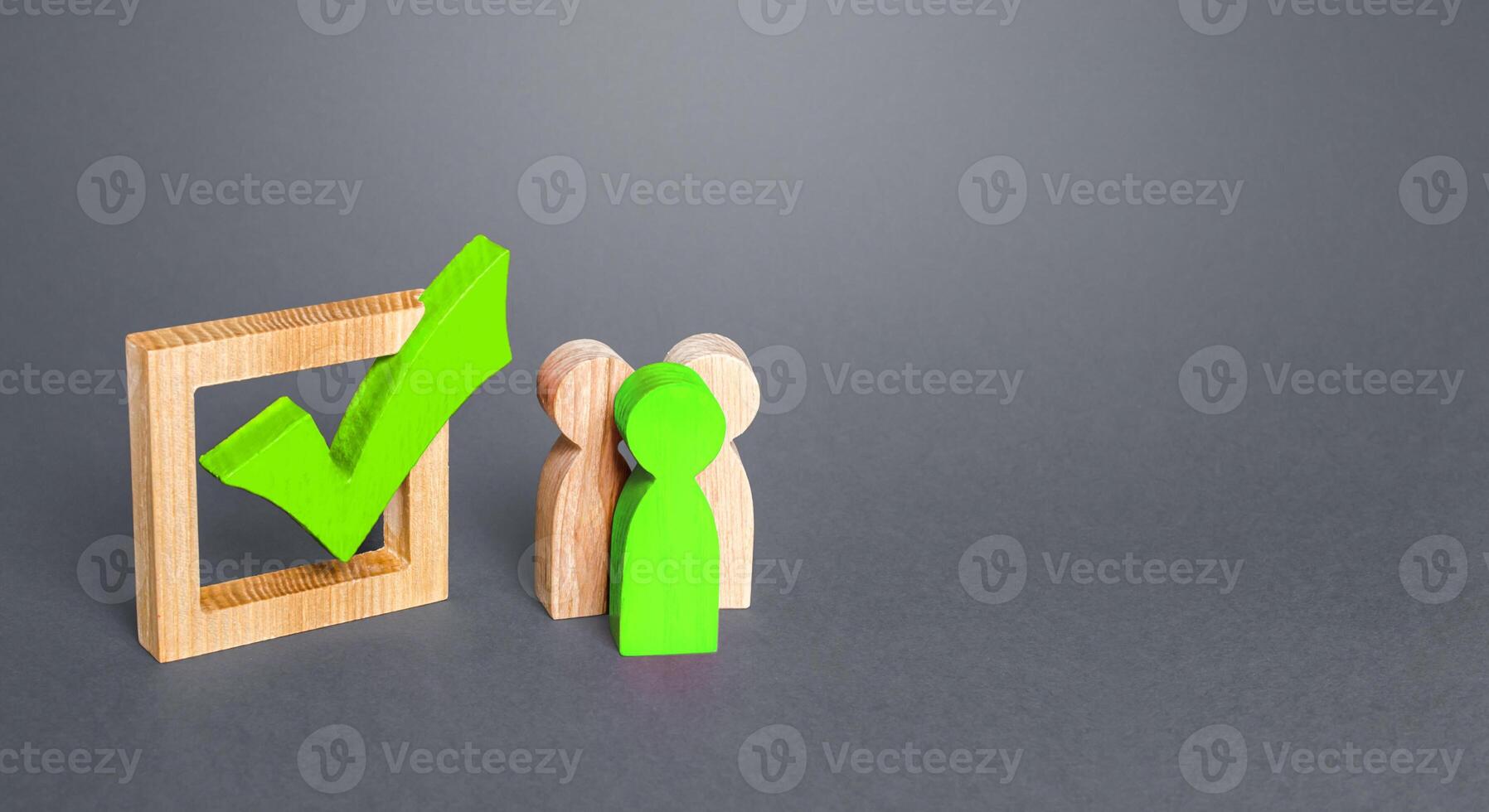 People are standing next to green check mark. Run for election. Voting on democratic election or referendum. Political campaign. Public poll. Legislative Initiative. Lobbying interests. Resolution. photo