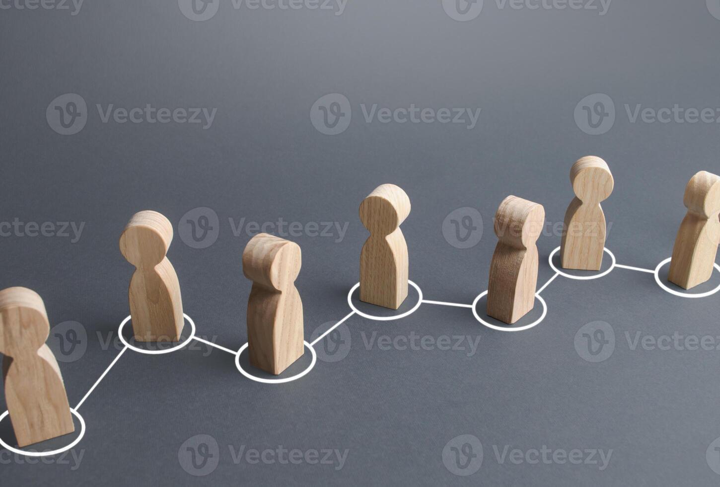 Chain of connected people by lines. Cooperation, collaboration. Communication links. Rumor spreading in public society. Partnership, unity, assistance. Interaction of persons, information exchange. photo