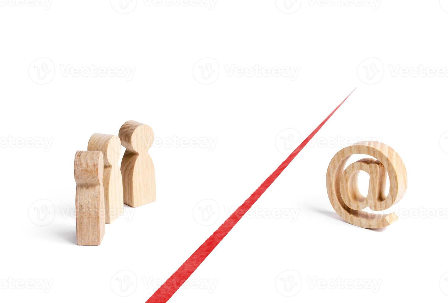 People and internet email symbol are separated by red line. Restriction of access to network and free exchange of information, censorship and information blockade. Technology lag gap photo