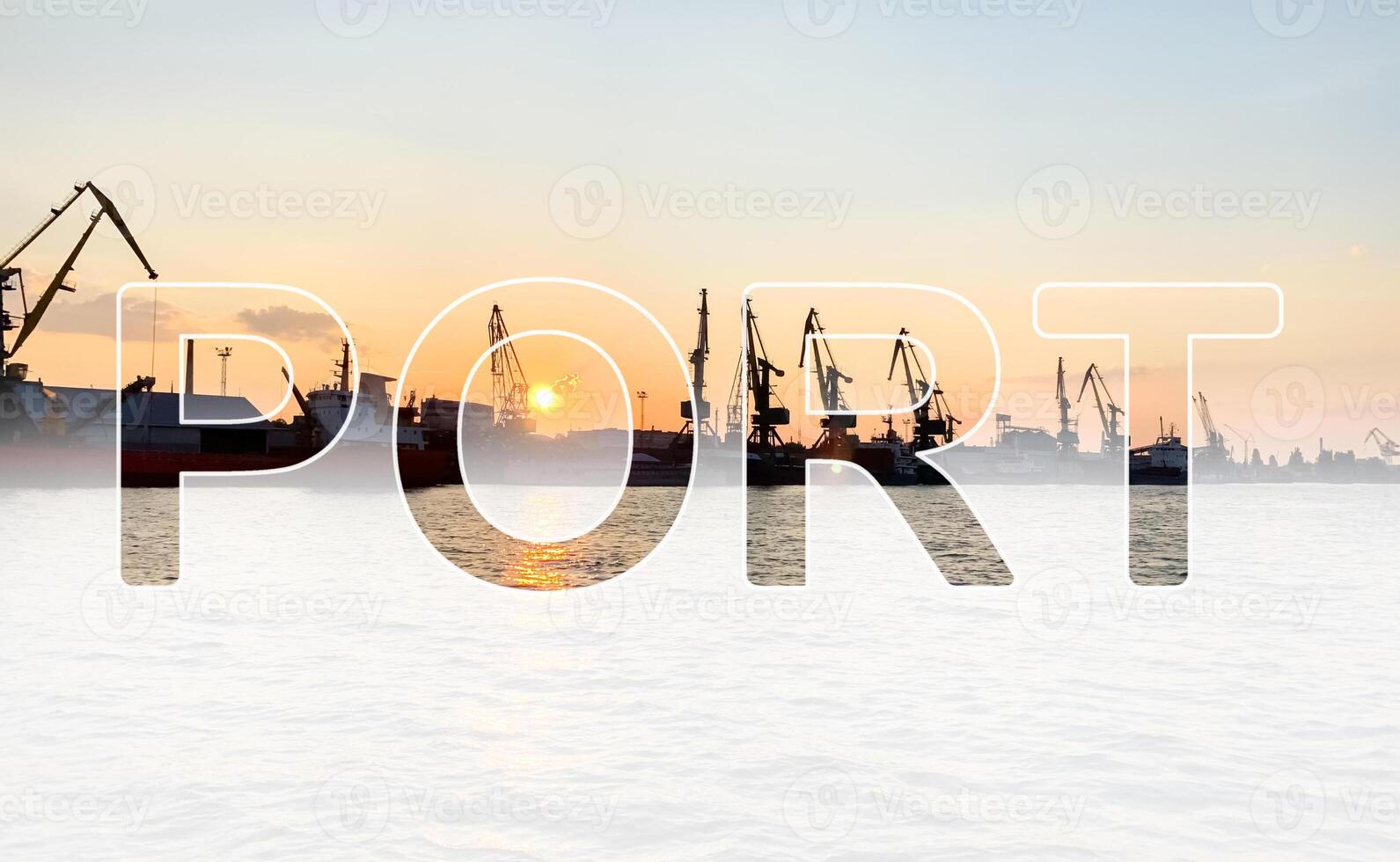 Word inscription Port on background of river port with ships at sunset. Logistics and infrastructure. Trade traffic. Industry and economics. Transport hub. Maritime navigation, distribution of goods. photo