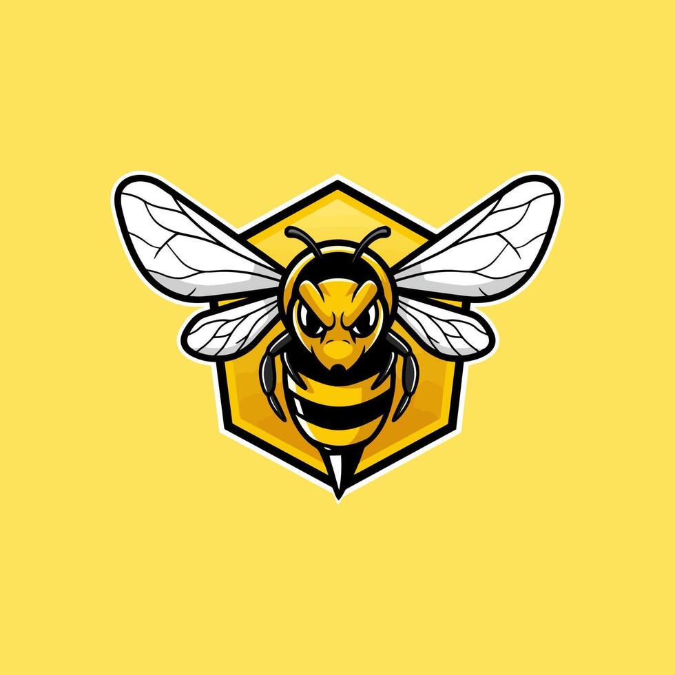 A fierce cartoon bee confronts the viewer, set against a bold yellow hexagon, creating a powerful and memorable image. Its intense expression and vibrant colors add to its impact. vector