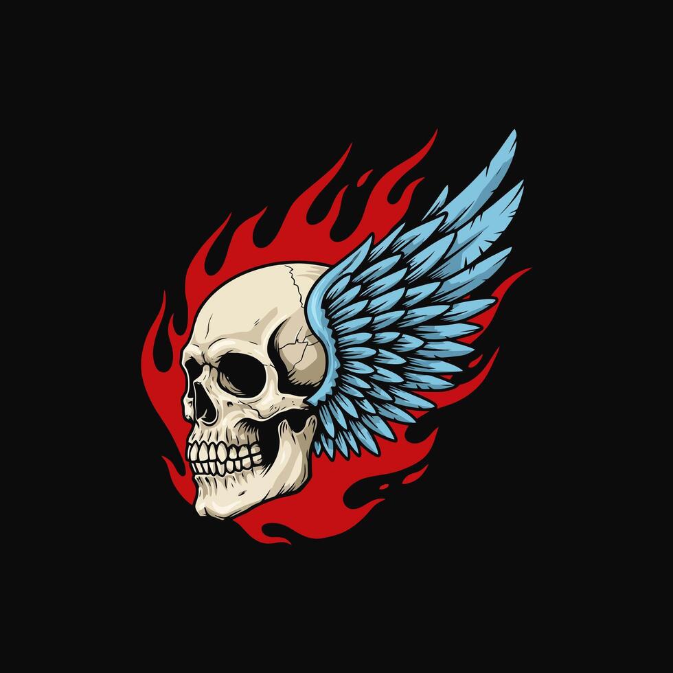 A skull, adorned with vibrant blue wings, bursts from fiery flames. The vintage style creates a powerful, yet somewhat ethereal mood. vector