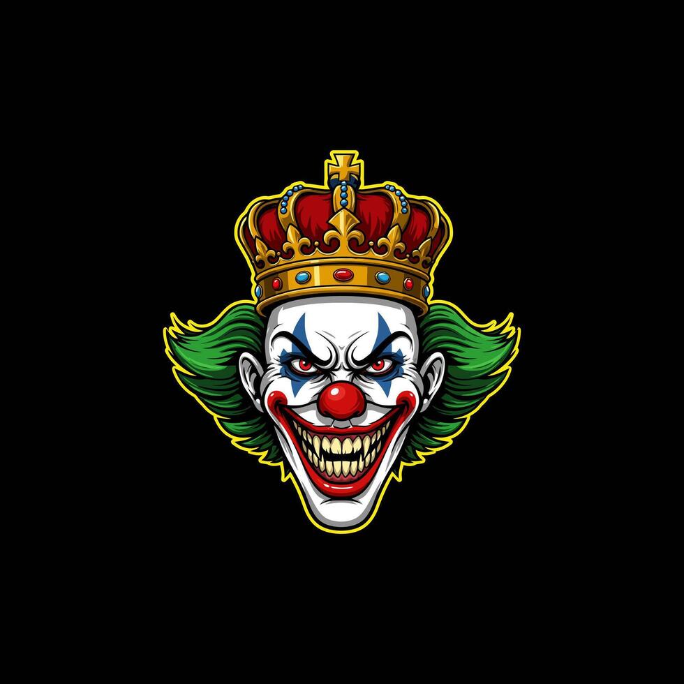 A sinister clown king, crowned and grinning, dominates this bold graphic. His intense gaze and sharp teeth create a menacing yet strangely captivating image. Dark humor abounds vector