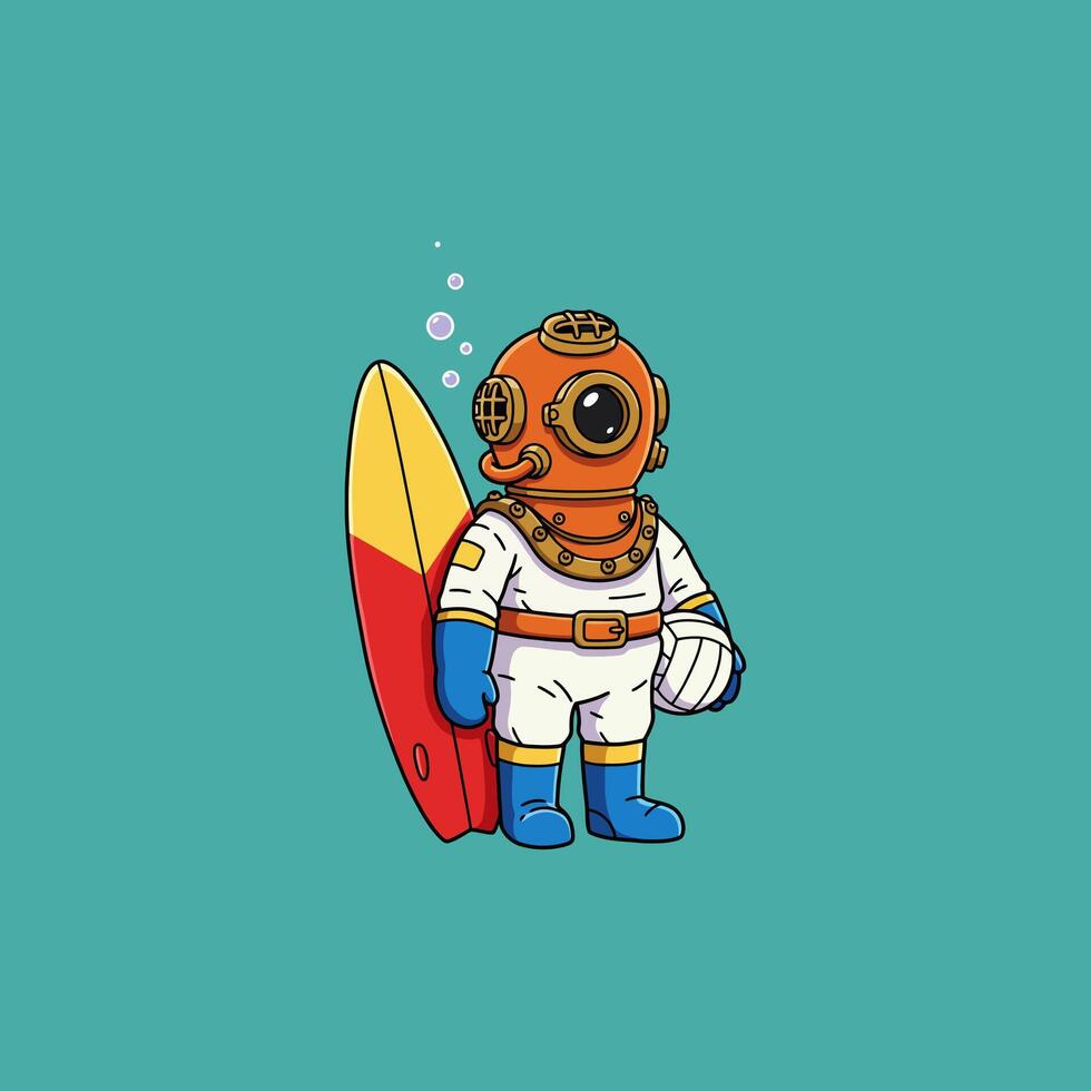 A charming retro diver, complete with helmet and suit, stands proudly beside a surfboard, holding a volleyball. The ocean-themed scene evokes a playful and nostalgic mood. vector