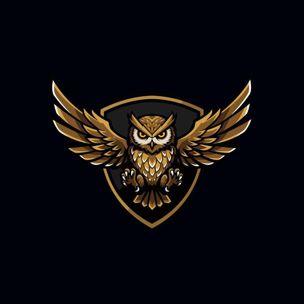 A regal golden owl, wings outstretched, takes center stage on a dark shield. Its intense gaze and powerful stance create a bold, majestic image. vector
