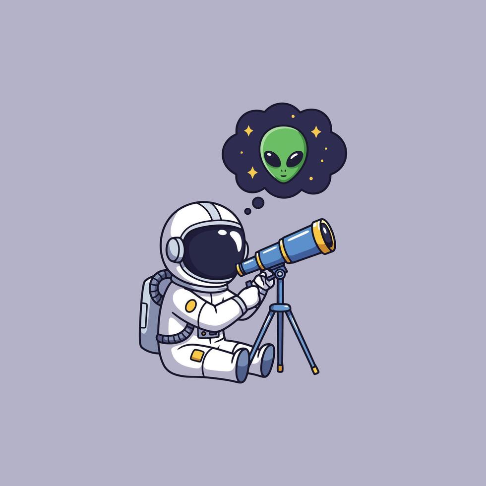 A charming cartoon astronaut peers through a telescope, a dreamy alien face in their mind. The scene is playful and whimsical, full of cosmic wonder vector