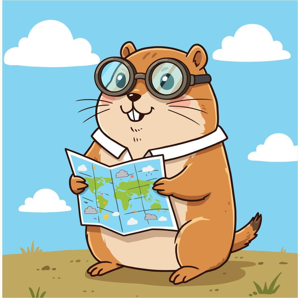 A cute gopher in aviator glasses holds a world map, ready for adventure Sunny skies and fluffy clouds create a cheerful, playful mood. vector