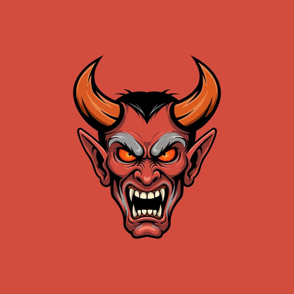A menacing devil's head, vibrant red with sharp horns and glowing eyes, dominates this bold artwork. The intense gaze and bared fangs create a fierce, dramatic mood. vector