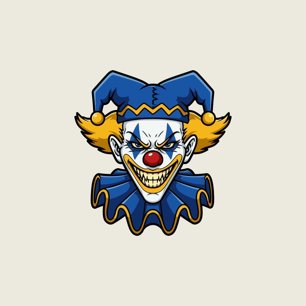 A sinister clown's face grins, sharp teeth bared. His blue hat and ruffled collar add to the unsettling cartoon style. The image evokes a dark, spooky mood. vector
