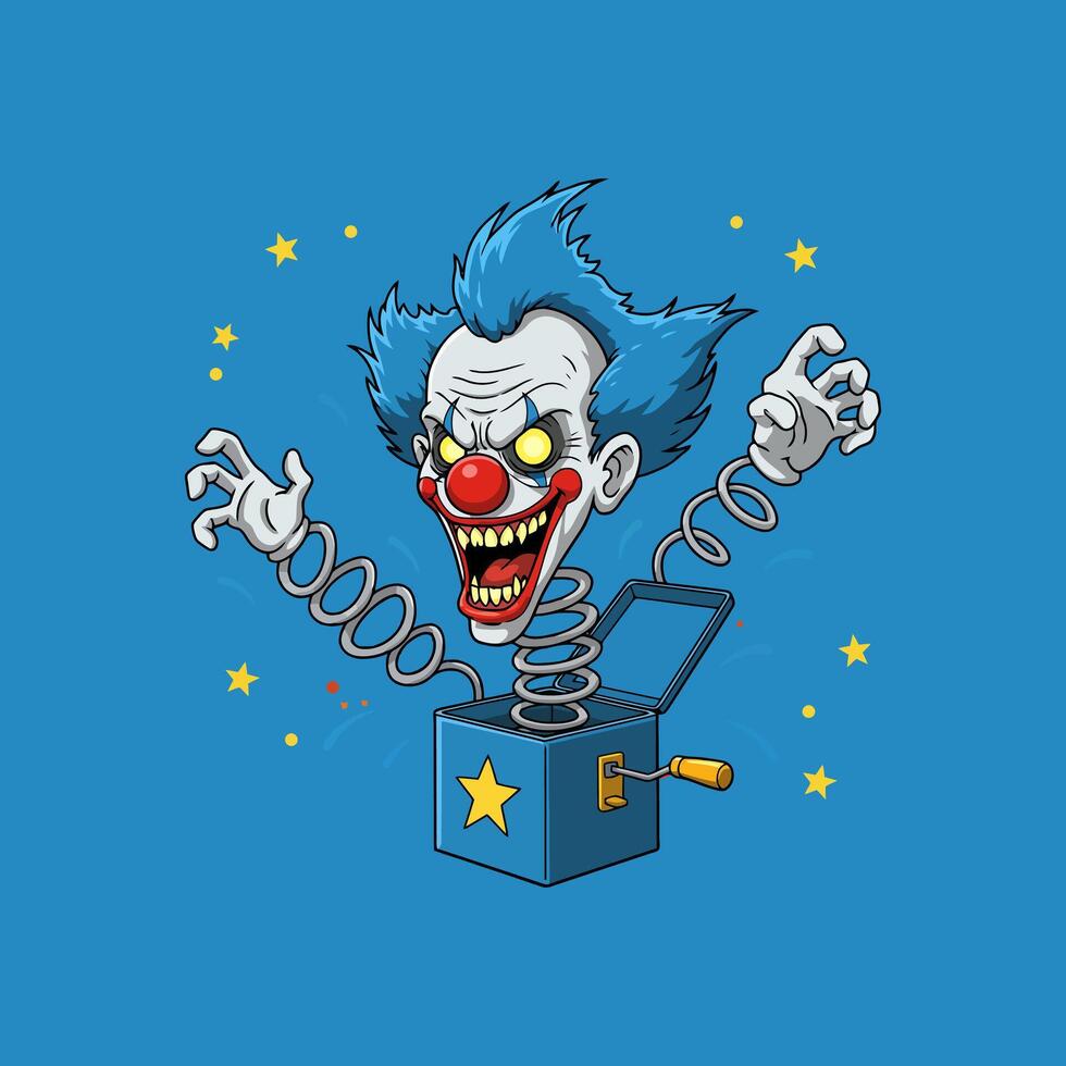 A terrifying clown pops from a jack-in-the-box, claws outstretched Blue, vibrant, and spooky, it's a thrilling, cartoonish fright vector