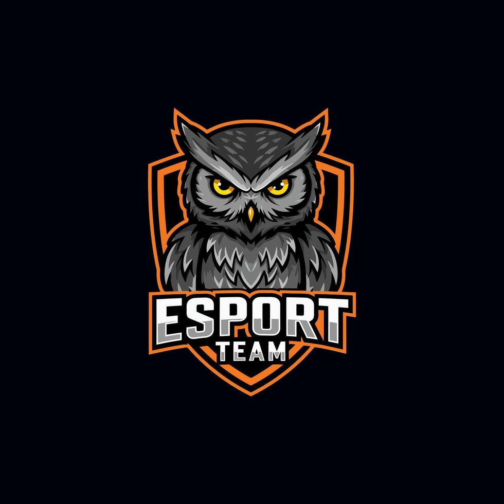 A fierce gray owl stares intently from within an orange shield, representing an esports team with powerful imagery and a determined spirit. The design is bold and impactful. vector