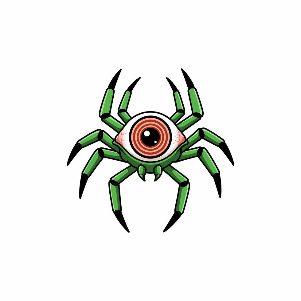 A creepy green spider with a giant red eye dominates the scene, its sharp legs creating a unsettling yet captivating cartoon illustration. Intriguing and slightly macabre vector