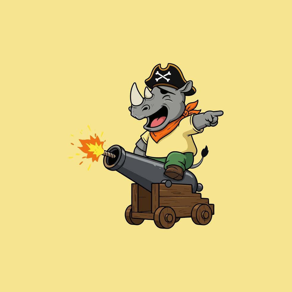 A mischievous rhino pirate, clad in a tricorn hat and bandana, joyfully fires a cannon. The vibrant cartoon style creates a fun, adventurous mood. vector