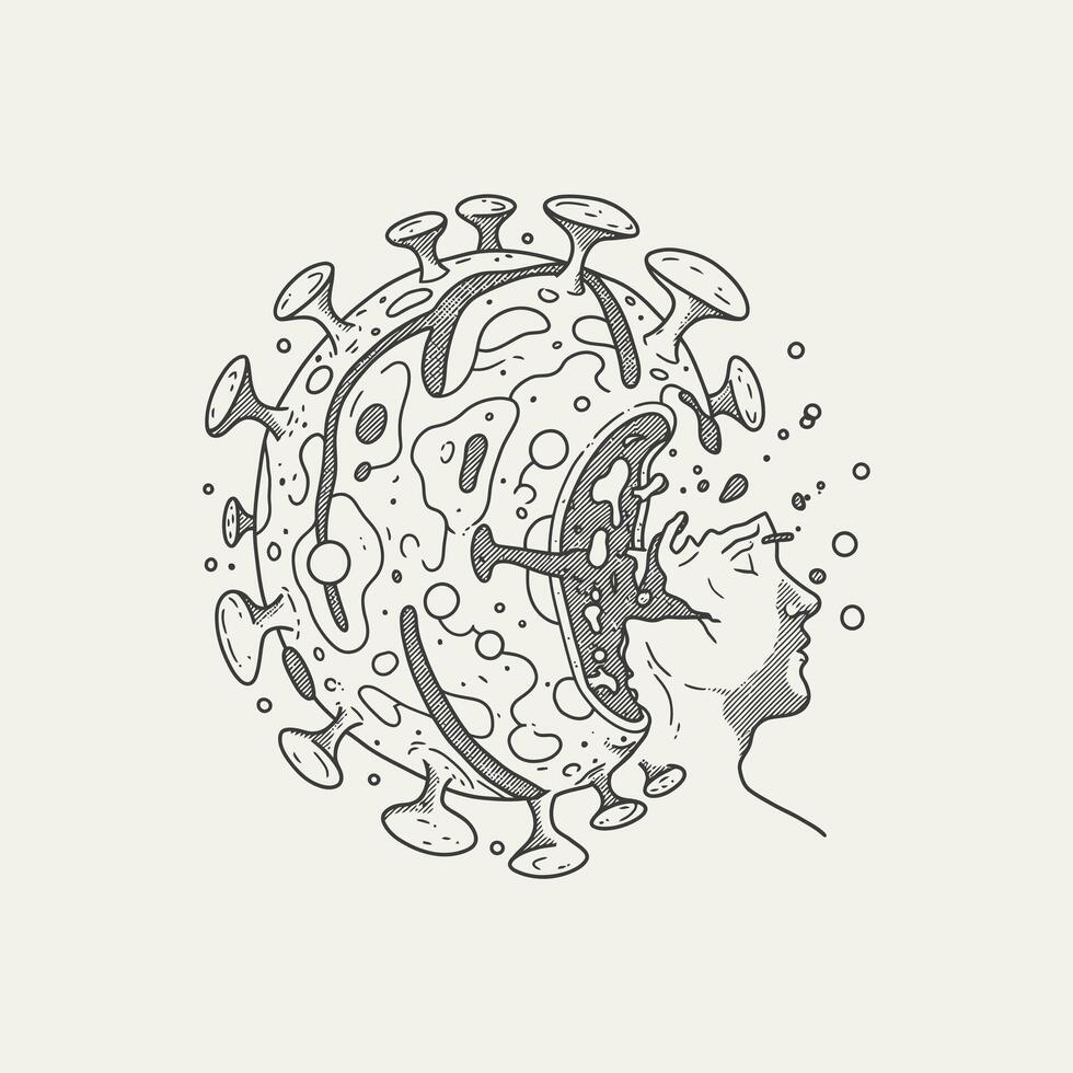 A captivating sketch portrays a virus engulfing a human head, creating a haunting yet thought-provoking scene. The detailed linework and monochrome palette emphasize the virus's ominous presence. vector